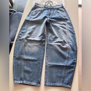 Free People Mid Rise Barrel Blue Jeans